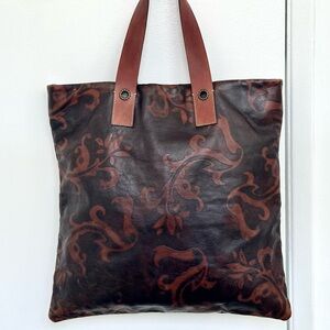 FALOR le Borse Brown Embossed Leather Tote Bag with Sienna Tooling